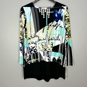 Jess & Jane Abstract Art Print Tunic Top Women’s Size S Fluid Stretch Knit Boho